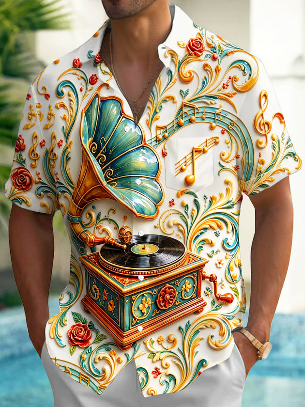 Adaychic Men's Vintage Style 3D Relief Gramophone Print Short Sleeve Shirt with Chest Pocket
