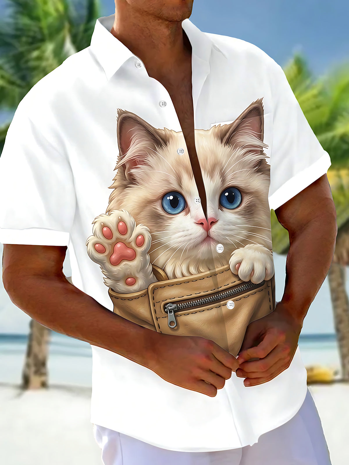 Adaychic Men's Printed Ragdoll Cat Print Pocket Design Print Short Sleeve Shirt with Chest Pocket