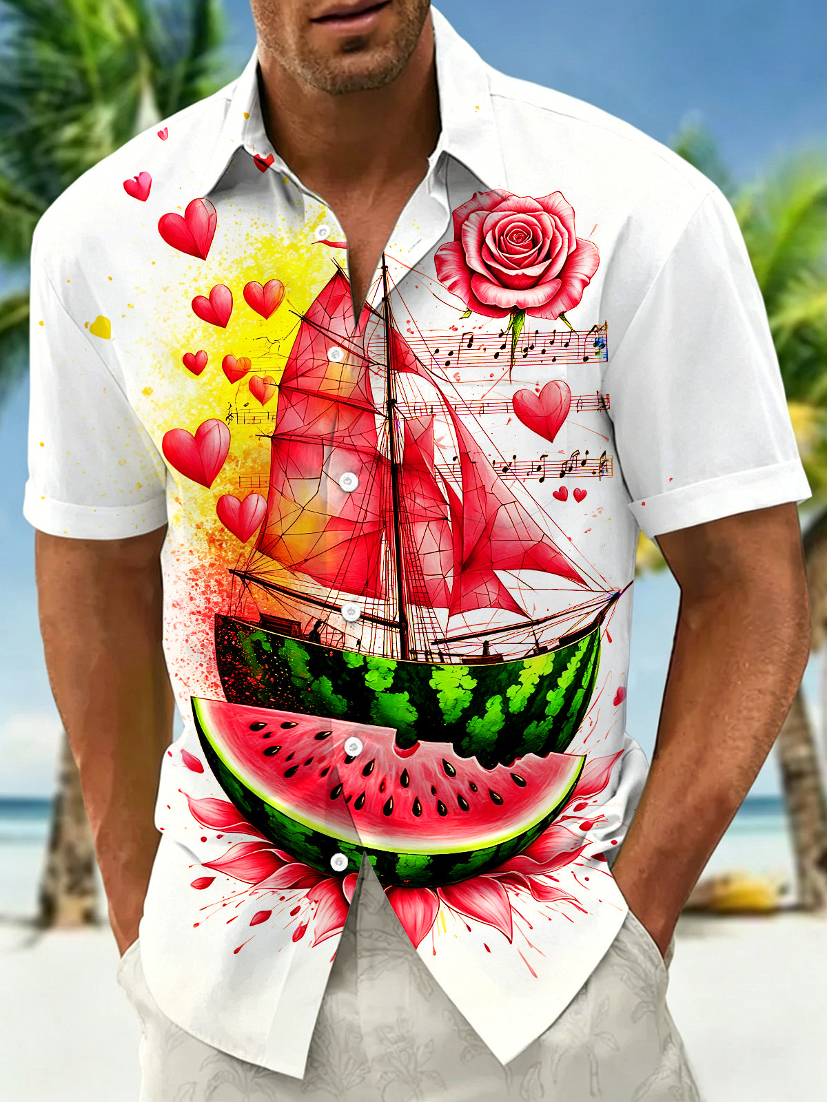 Adaychic Men's Hawaiian Watermelon Sailboat Print Short Sleeve Shirt with Chest Pocket