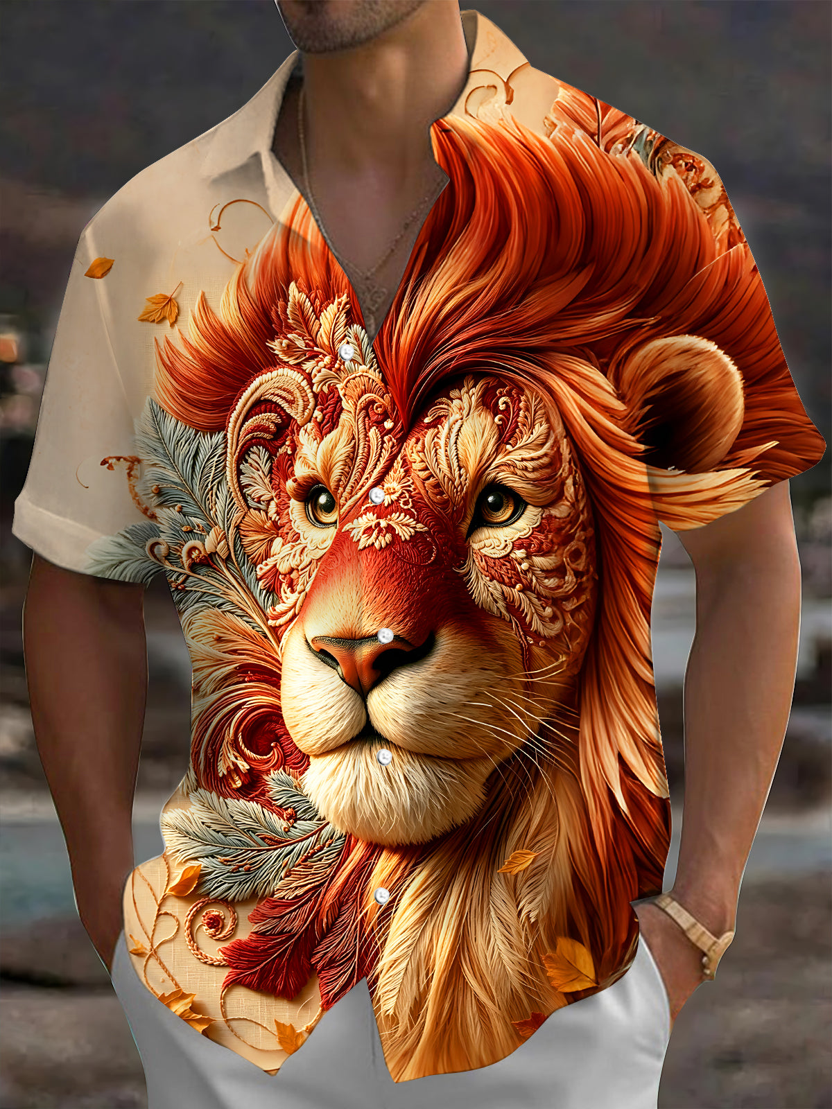 Adaychic Men's Vintage Style Lion Head Portrait Print Short Sleeve Shirt with Chest Pocket