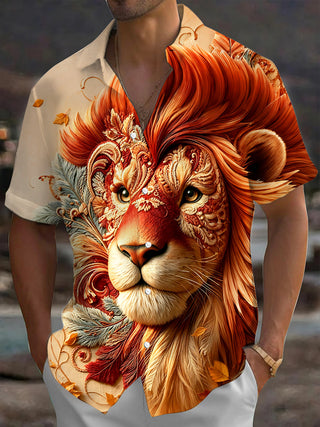 Adaychic Men's Vintage Style Lion Head Portrait Print Short Sleeve Shirt with Chest Pocket