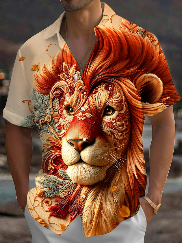 Adaychic Men's Vintage Style Lion Head Portrait Print Short Sleeve Shirt with Chest Pocket
