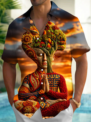 Adaychic Men's Graphic Meditation Tree-man Print Short Sleeve Shirt with Chest Pocket