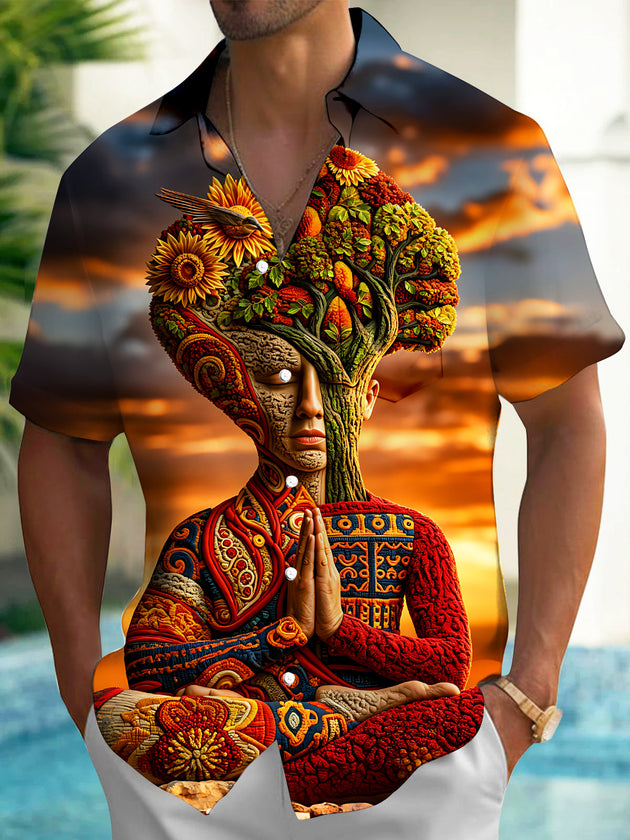 Adaychic Men's Graphic Meditation Tree-man Print Short Sleeve Shirt with Chest Pocket