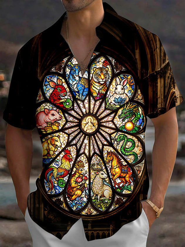 Adaychic Men's Church Stained Glass Zodiac Totem Printed Pattern Print Short Sleeve Shirt with Chest Pocket