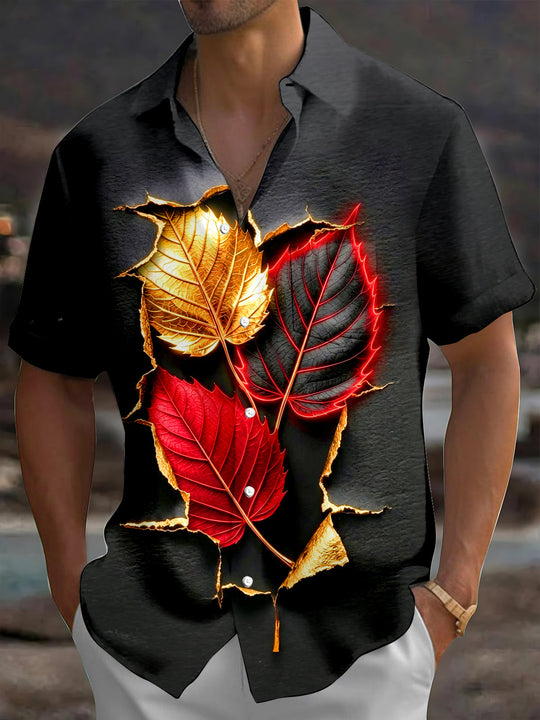 Adaychic Men's 3D Autumn Leaves Print Tearing Effect Print Short Sleeve Shirt with Chest Pocket