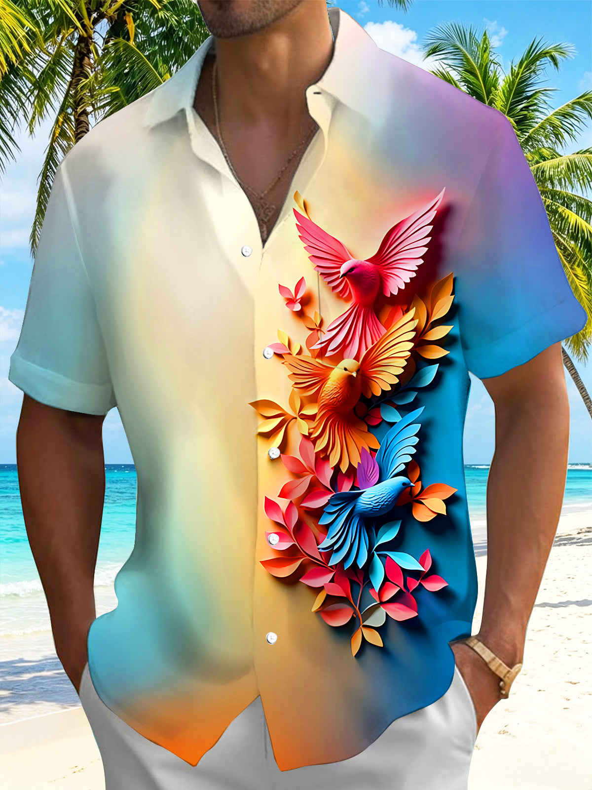 Adaychic Men's 3D 3D Relief Birds Print Floral Leaves Print Short Sleeve Shirt with Chest Pocket