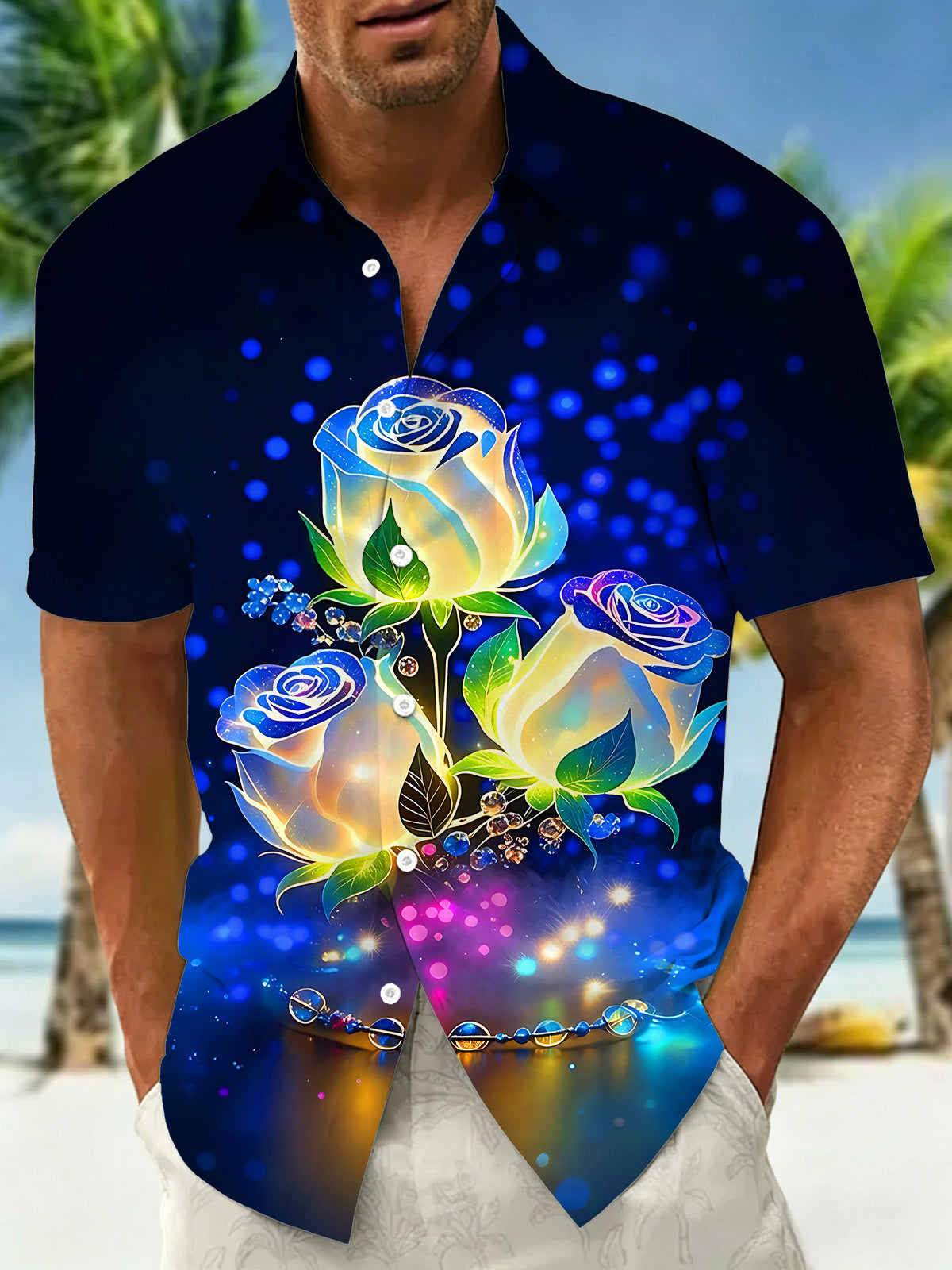 Adaychic Men's Printed Neon Luminous Roses Print Short Sleeve Shirt with Chest Pocket