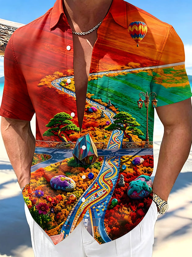 Adaychic Men's Graphic Hot Air Balloon Landscape Print Short Sleeve Shirt with Chest Pocket