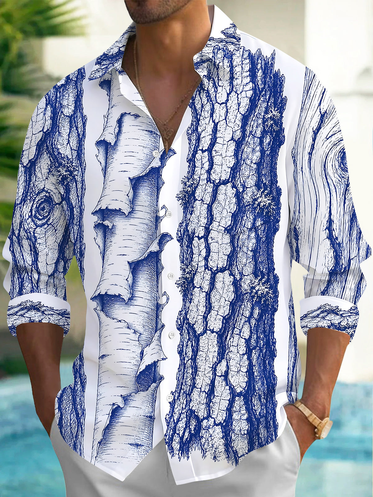 Adaychic Men's Printed Tree Bark Sketch Print Long Sleeve Shirt with Chest Pocket