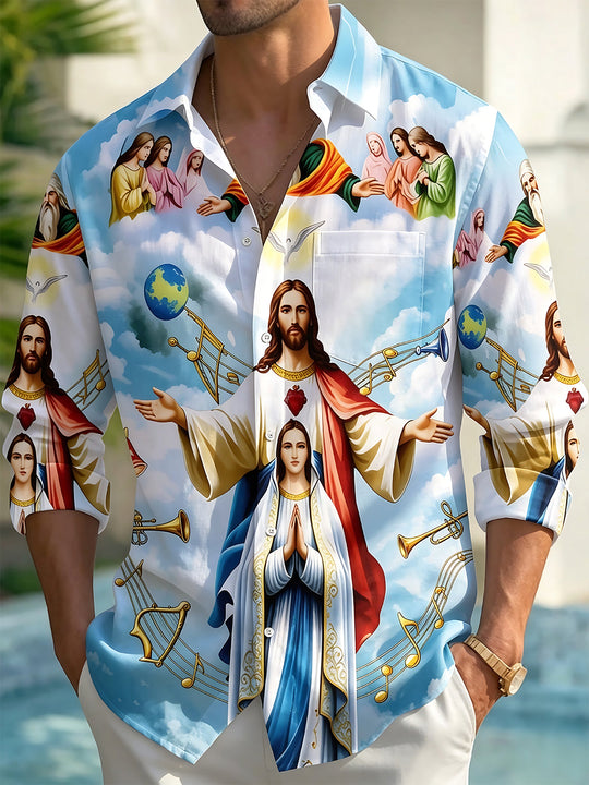 Adaychic Men's Graphic Musical Notes Print Long Sleeve Shirt with Chest Pocket