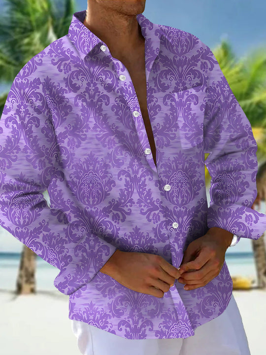 Adaychic Men's Printed Purple Damask Pattern Long Sleeve Shirt with Chest Pocket