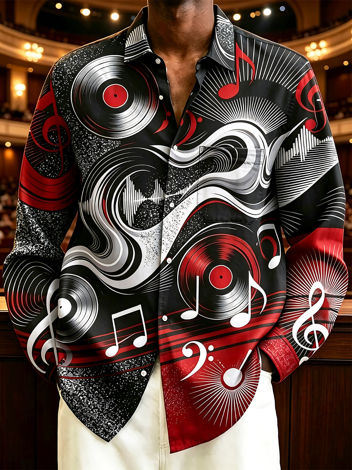 Adaychic Men's Graphic Vinyl Records Print Music Notes Print Long Sleeve Shirt with Chest Pocket