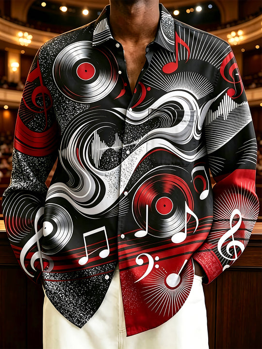 Adaychic Men's Graphic Vinyl Records Print Music Notes Print Long Sleeve Shirt with Chest Pocket