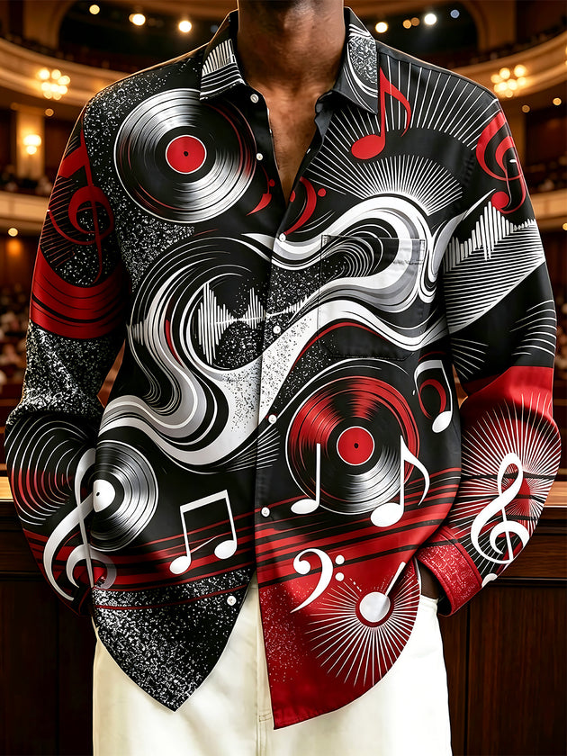 Adaychic Men's Graphic Vinyl Records Print Music Notes Print Long Sleeve Shirt with Chest Pocket