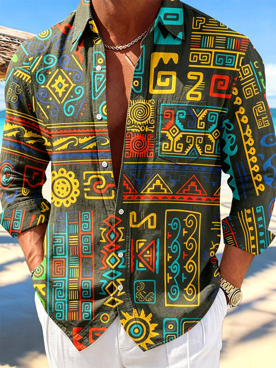 Adaychic Men's Hawaiian Ethnic Geometric Totem Print Long Sleeve Shirt with Chest Pocket