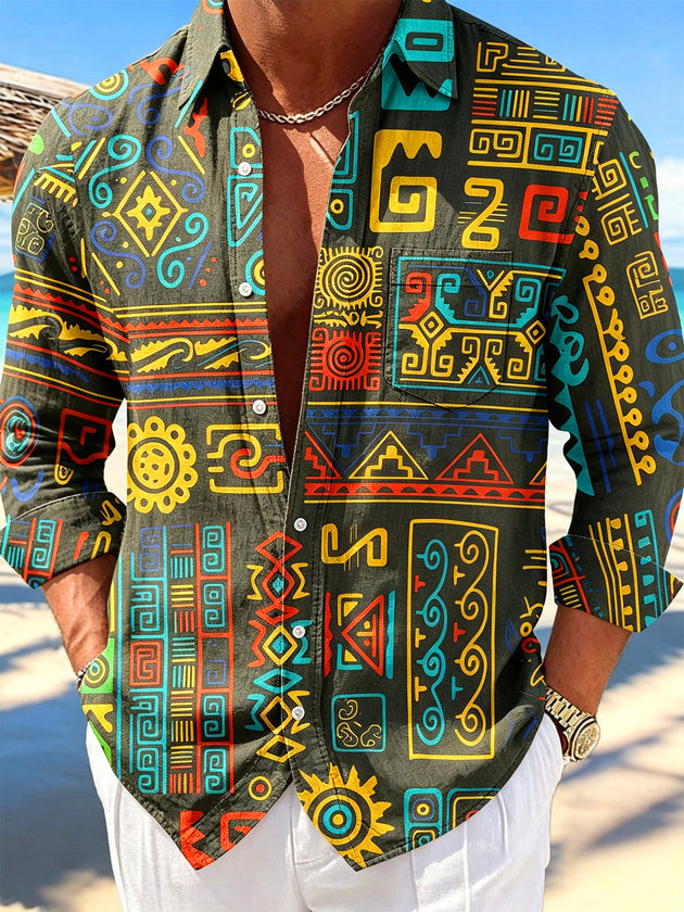 Adaychic Men's Hawaiian Ethnic Geometric Totem Print Long Sleeve Shirt with Chest Pocket