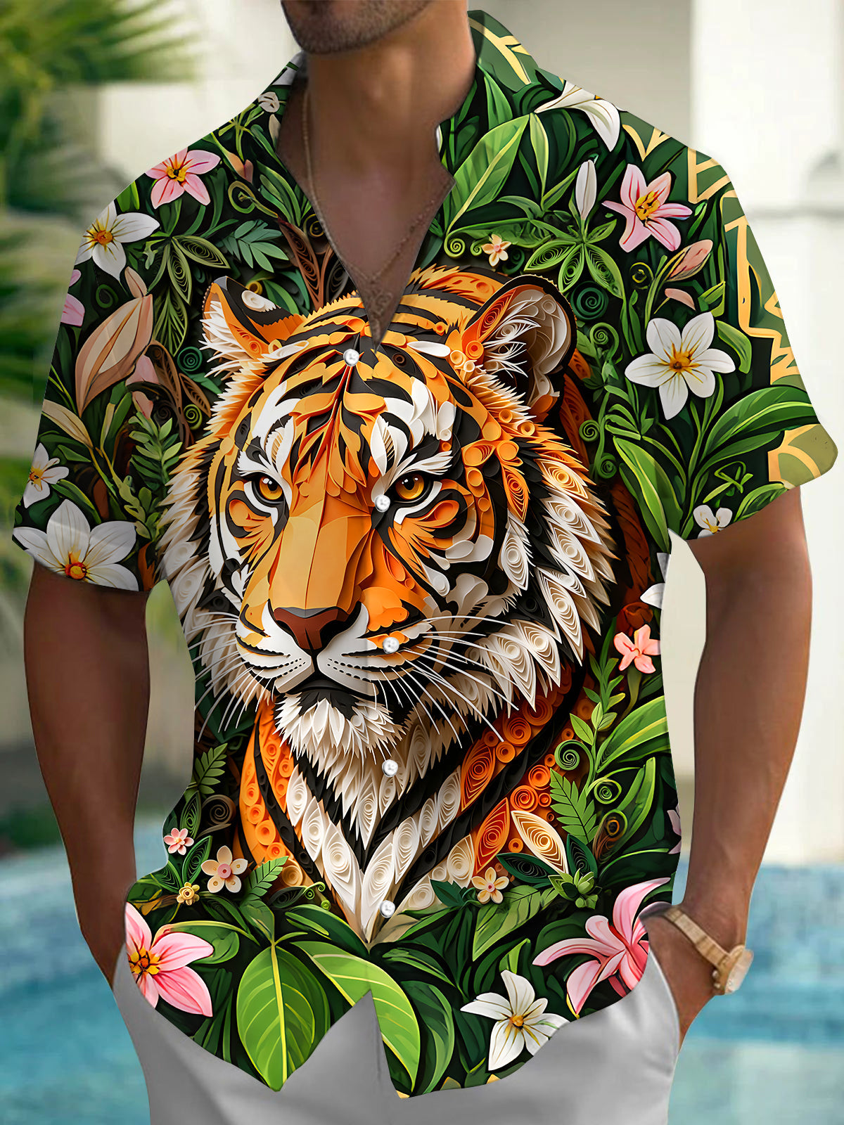 Adaychic Men's Hawaiian 3D Relief Tiger Face Print Short Sleeve Shirt with Chest Pocket
