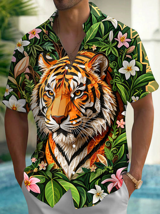 Adaychic Men's Hawaiian 3D Relief Tiger Face Print Short Sleeve Shirt with Chest Pocket