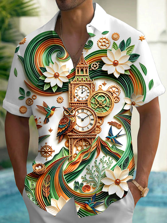 Adaychic Men's Graphic 3D Relief Clock Tower Print Short Sleeve Shirt with Chest Pocket