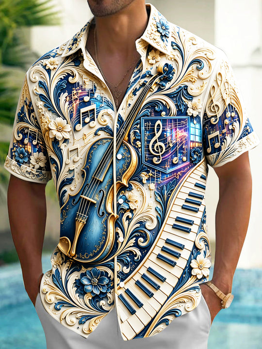 Adaychic Men's Graphic 3D Relief Violin Print Short Sleeve Shirt with Chest Pocket