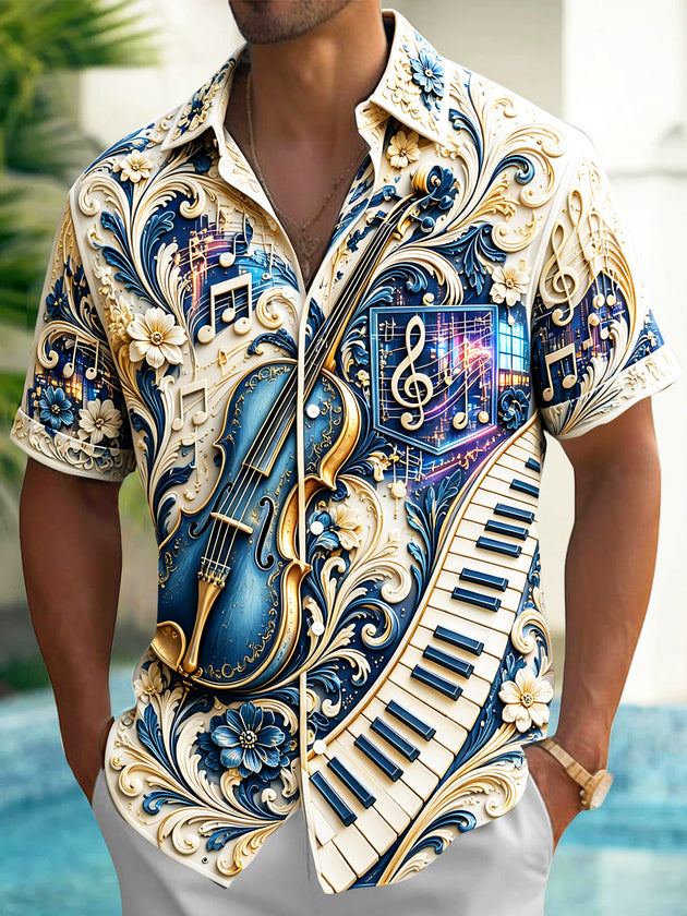 Adaychic Men's Graphic 3D Relief Violin Print Short Sleeve Shirt with Chest Pocket