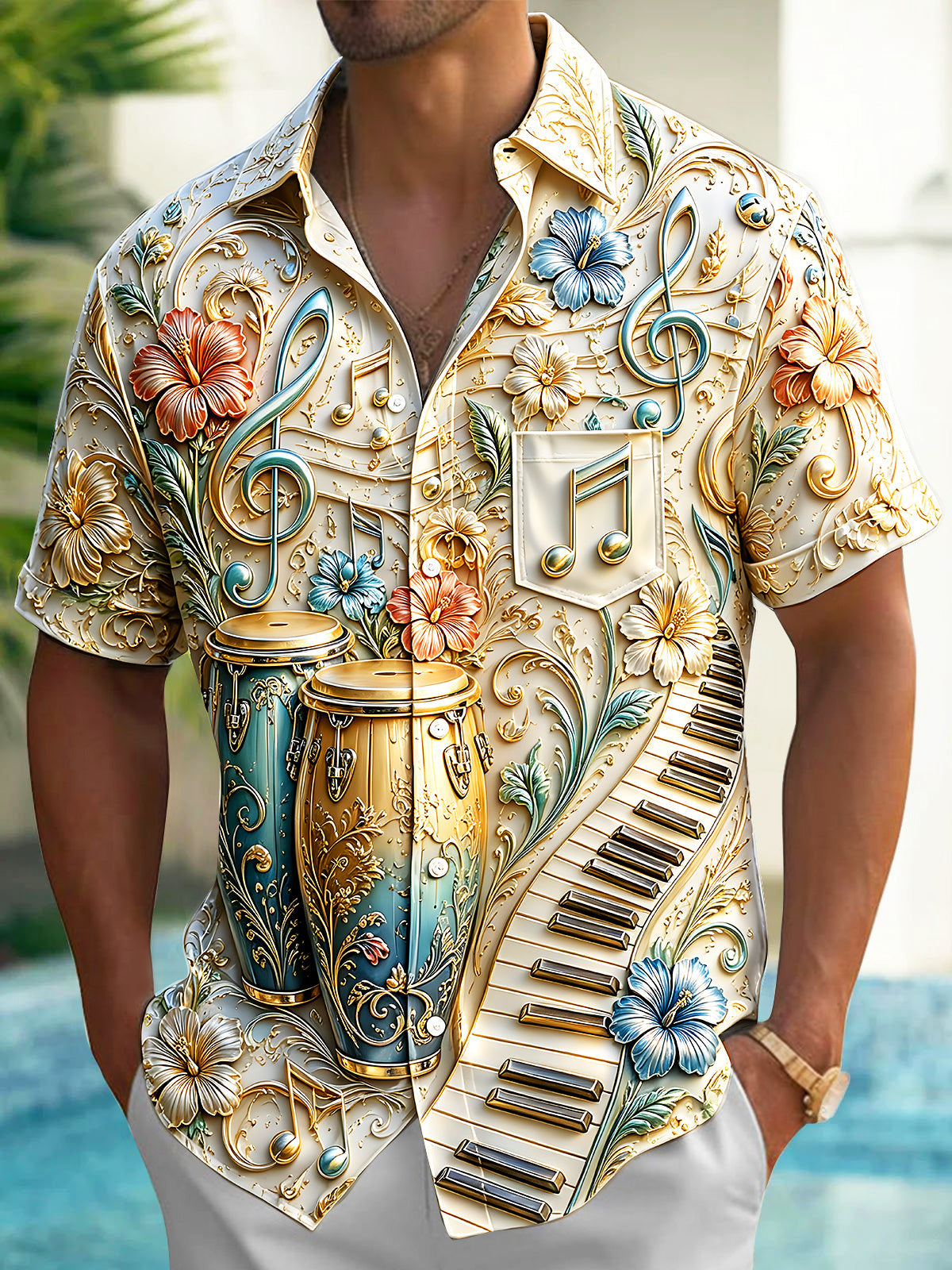 Adaychic Men's 3D 3D Relief Musical Instruments Print Short Sleeve Shirt with Chest Pocket