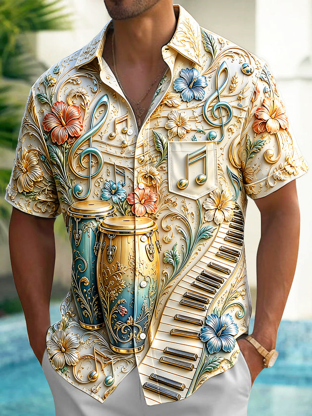 Adaychic Men's 3D 3D Relief Musical Instruments Print Short Sleeve Shirt with Chest Pocket