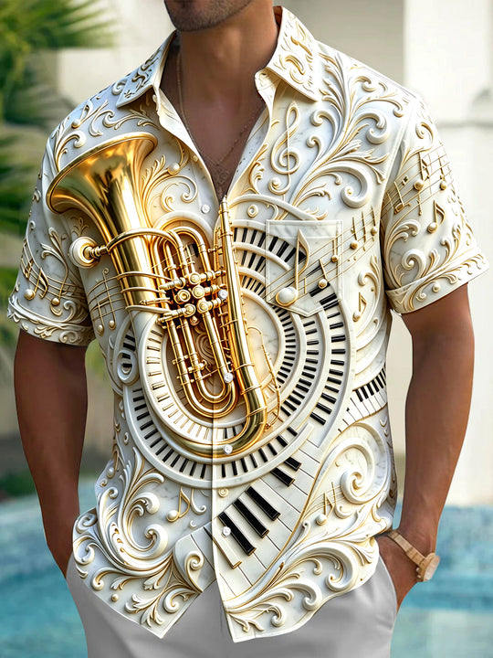Adaychic Men's Graphic 3D Relief Tuba Print Piano Keys Print Short Sleeve Shirt with Chest Pocket