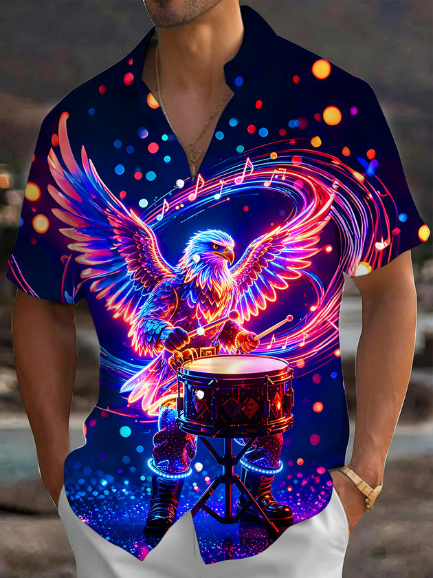 Adaychic Men's Graphic Neon Eagle Playing Drums Print Short Sleeve Shirt with Chest Pocket
