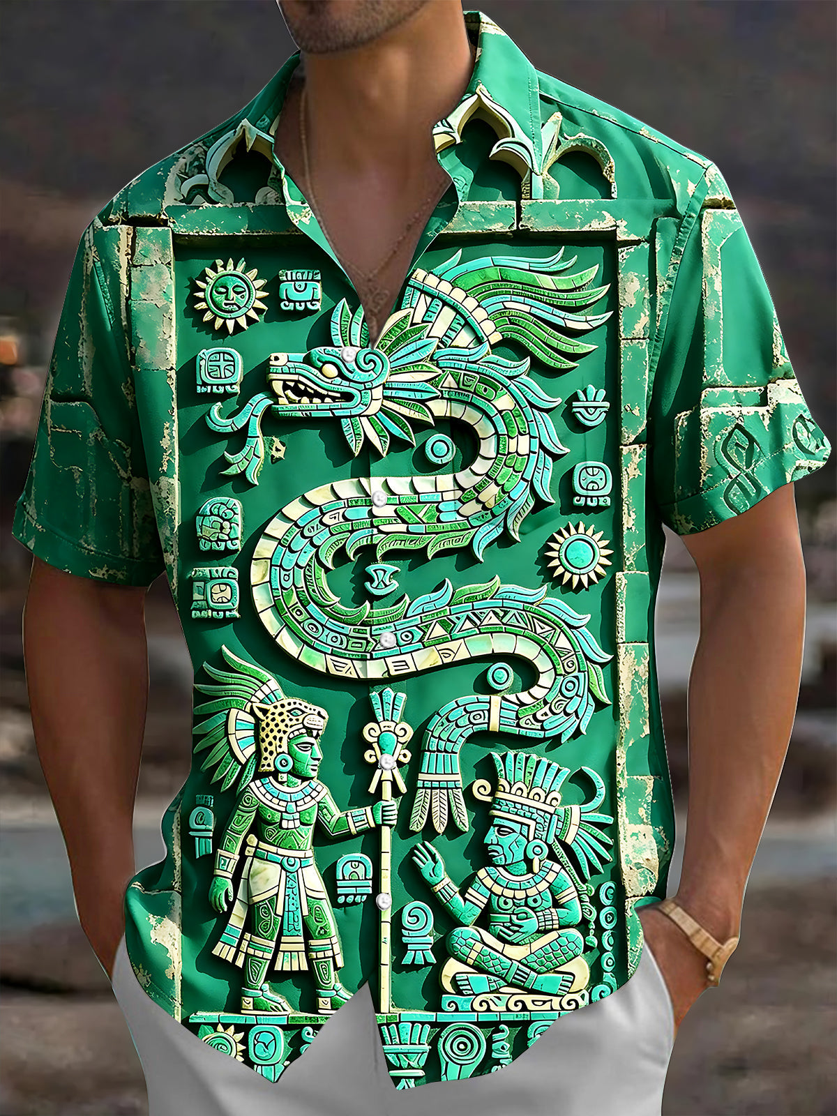 Adaychic Men's 3D Totem Print Short Sleeve Shirt with Chest Pocket