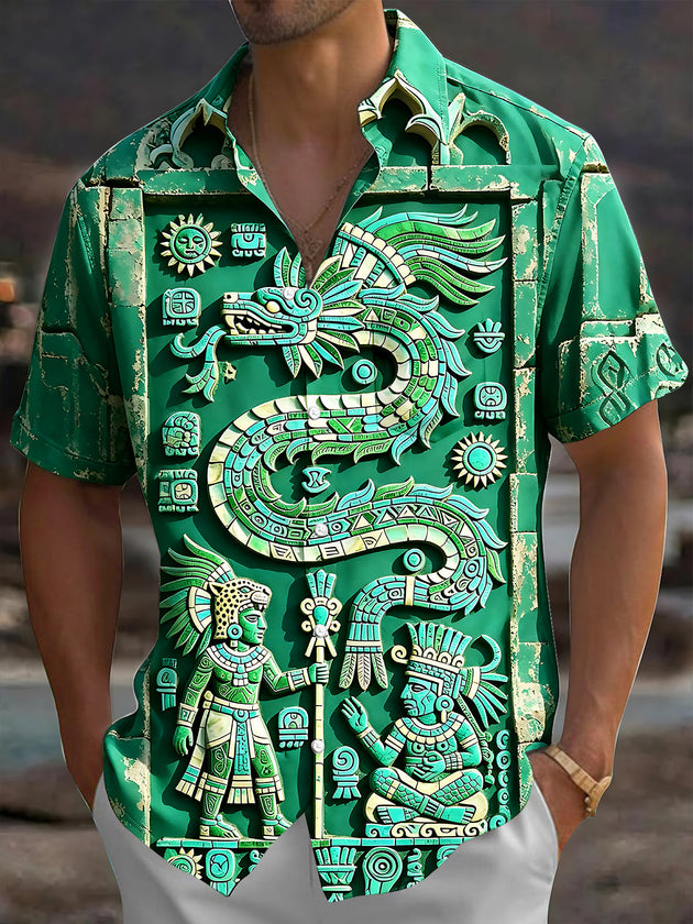 Adaychic Men's 3D Totem Print Short Sleeve Shirt with Chest Pocket