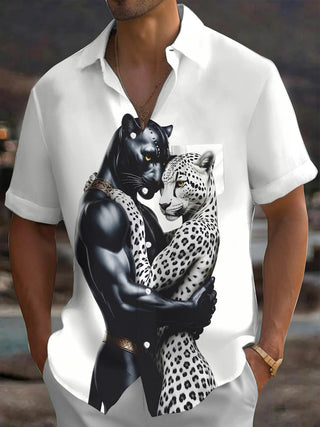 Adaychic Men's Graphic Leopard Print Short Sleeve Shirt with Chest Pocket