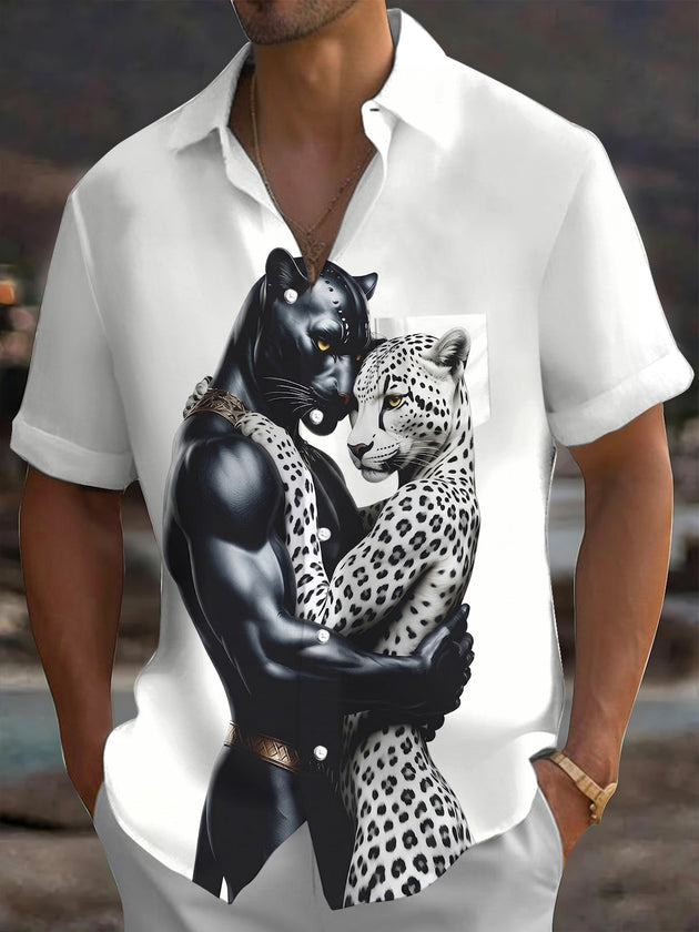Adaychic Men's Graphic Leopard Print Short Sleeve Shirt with Chest Pocket