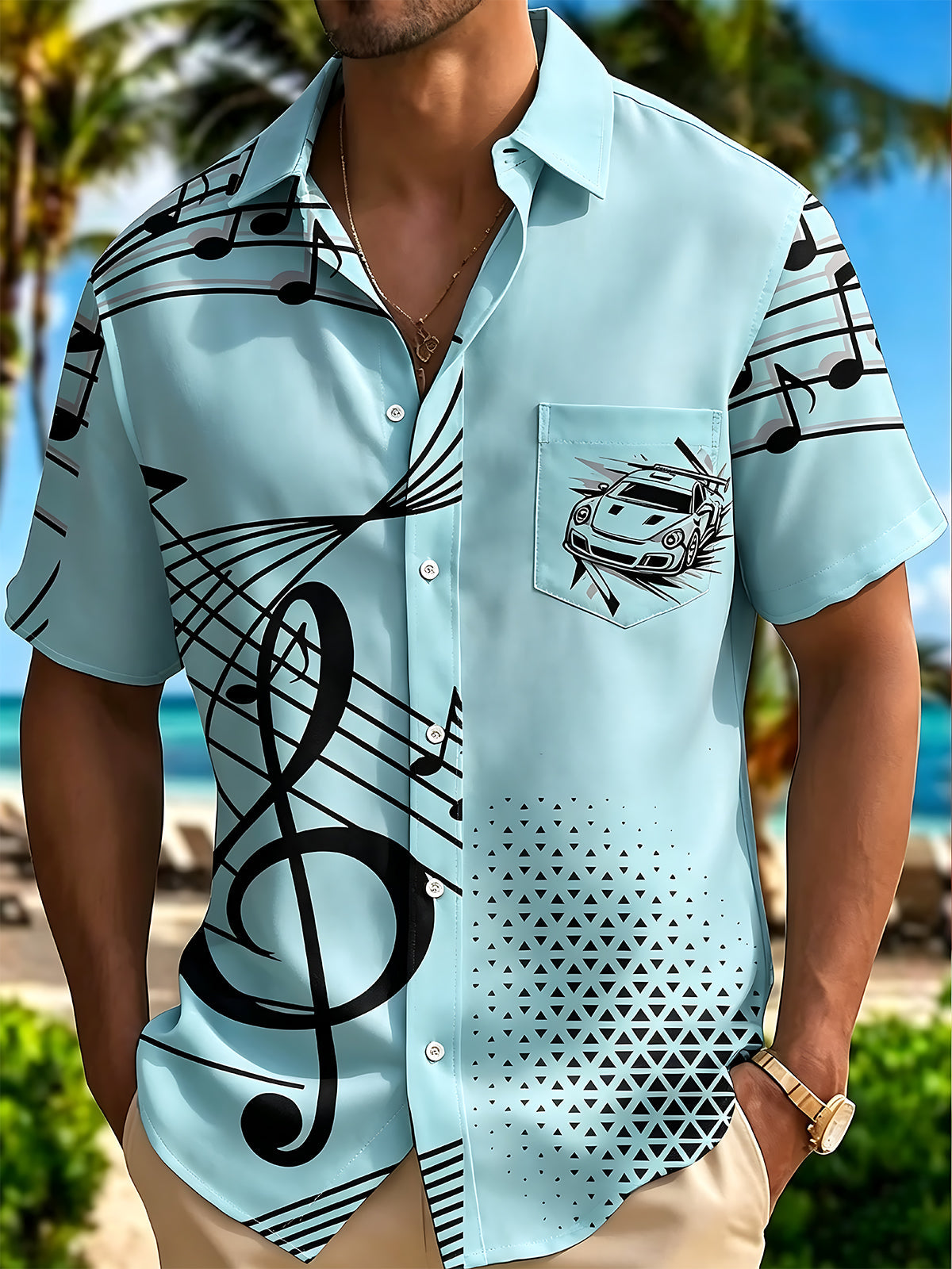 Adaychic Men's Graphic Music Notes Print Sports Car Print Short Sleeve Shirt with Chest Pocket
