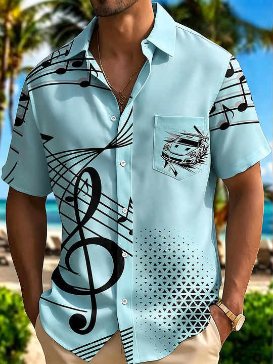 Adaychic Men's Graphic Music Notes Print Sports Car Print Short Sleeve Shirt with Chest Pocket