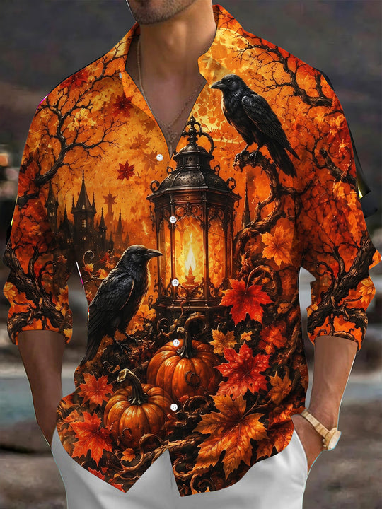 Adaychic Men's Printed Halloween Raven Castle Lantern Print Long Sleeve Shirt with Chest Pocket