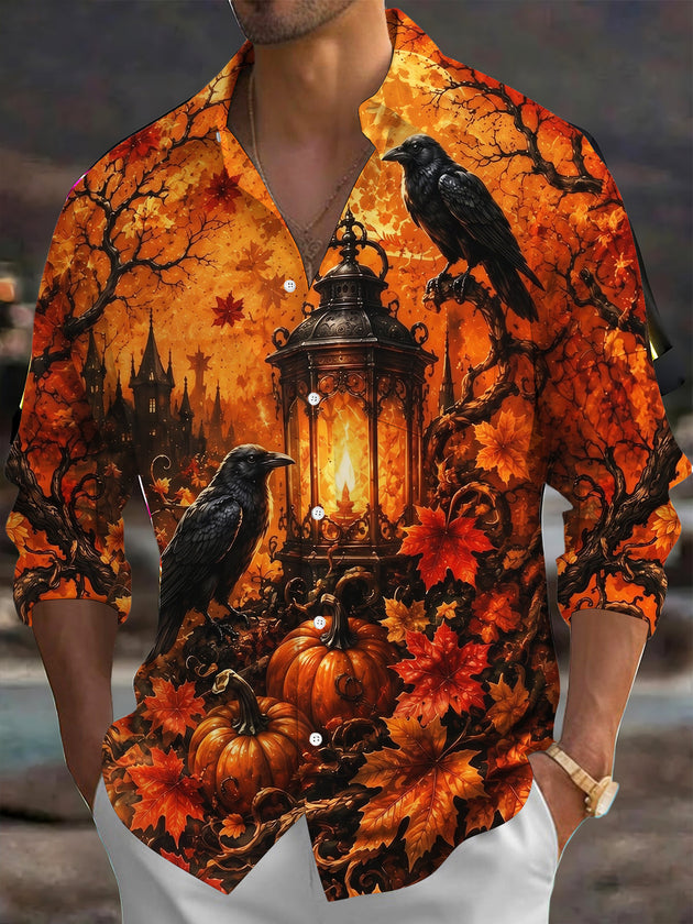 Adaychic Men's Printed Halloween Raven Castle Lantern Print Long Sleeve Shirt with Chest Pocket