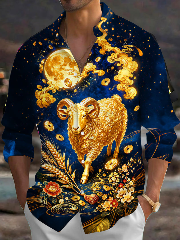 Adaychic Men's Printed Golden Sheep Print Full Moon Print Long Sleeve Shirt with Chest Pocket
