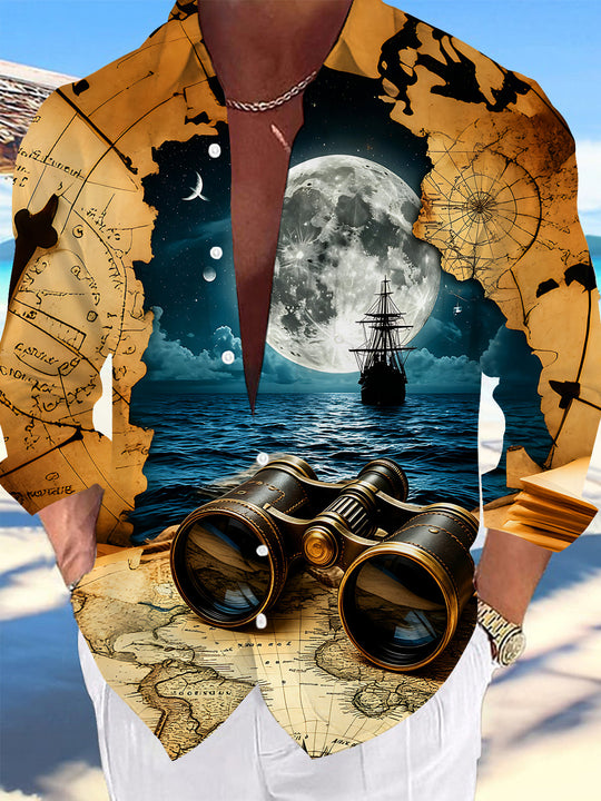 Adaychic Men's Vintage Style Vintage Map Print Long Sleeve Shirt with Chest Pocket
