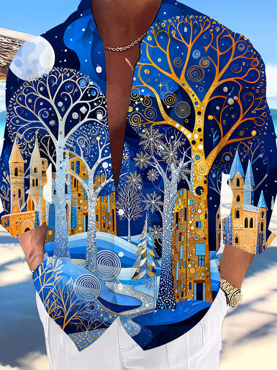 Adaychic Men's Graphic Full Moon Print Forest Print Long Sleeve Shirt with Chest Pocket