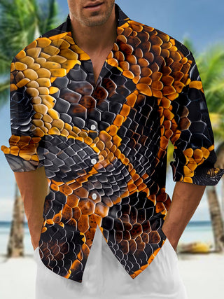 Adaychic Men's Printed Snake Scale Texture Print Long Sleeve Shirt with Chest Pocket