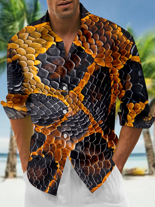 Adaychic Men's Printed Snake Scale Texture Print Long Sleeve Shirt with Chest Pocket