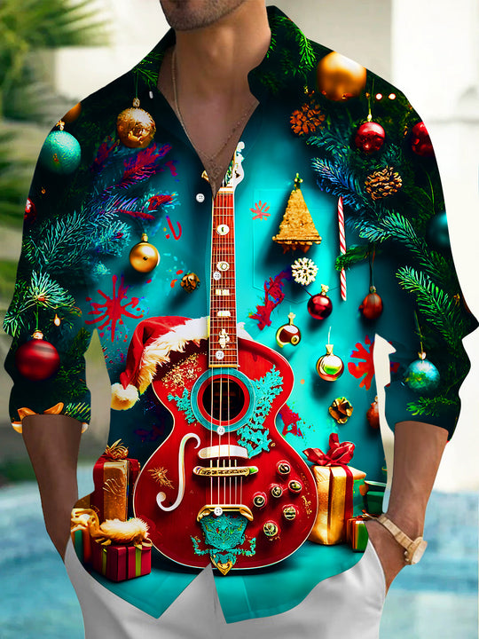 Adaychic Men's Printed Christmas Guitar Print Long Sleeve Shirt with Chest Pocket