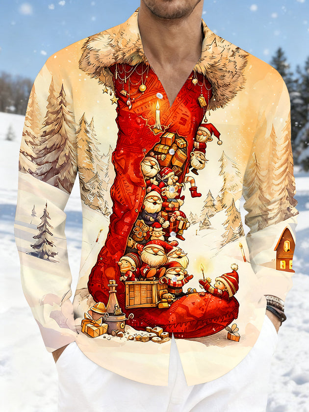 Adaychic Men's Graphic Christmas Stocking Print Long Sleeve Shirt with Chest Pocket