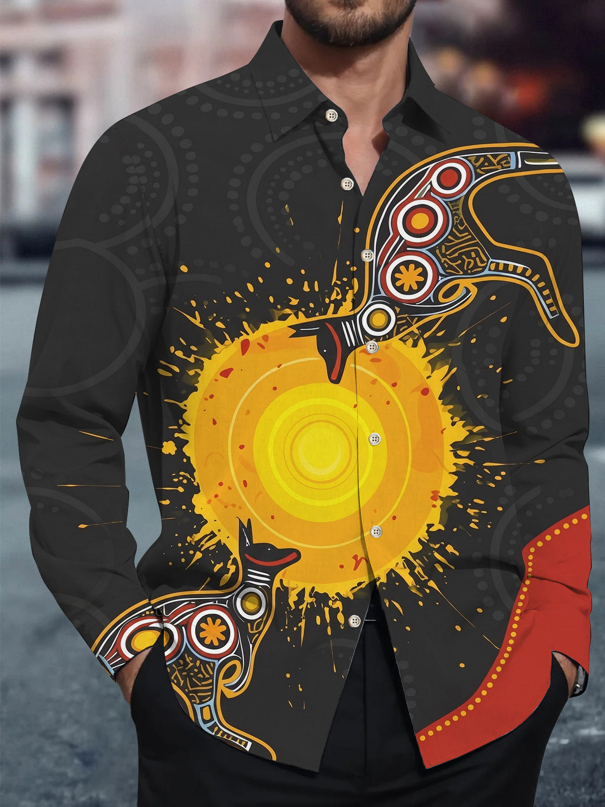 Adaychic Men's Graphic Sun Design Print Long Sleeve Shirt with Chest Pocket