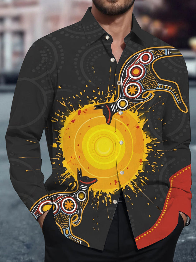 Adaychic Men's Graphic Sun Design Print Long Sleeve Shirt with Chest Pocket