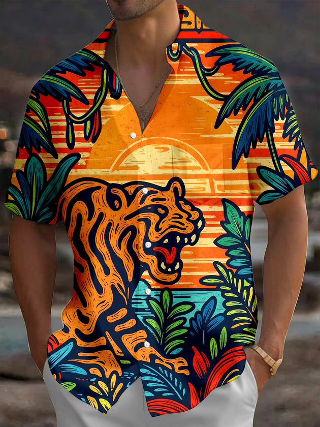 Adaychic Men's Hawaiian Roaring Tiger Print Short Sleeve Shirt with Chest Pocket