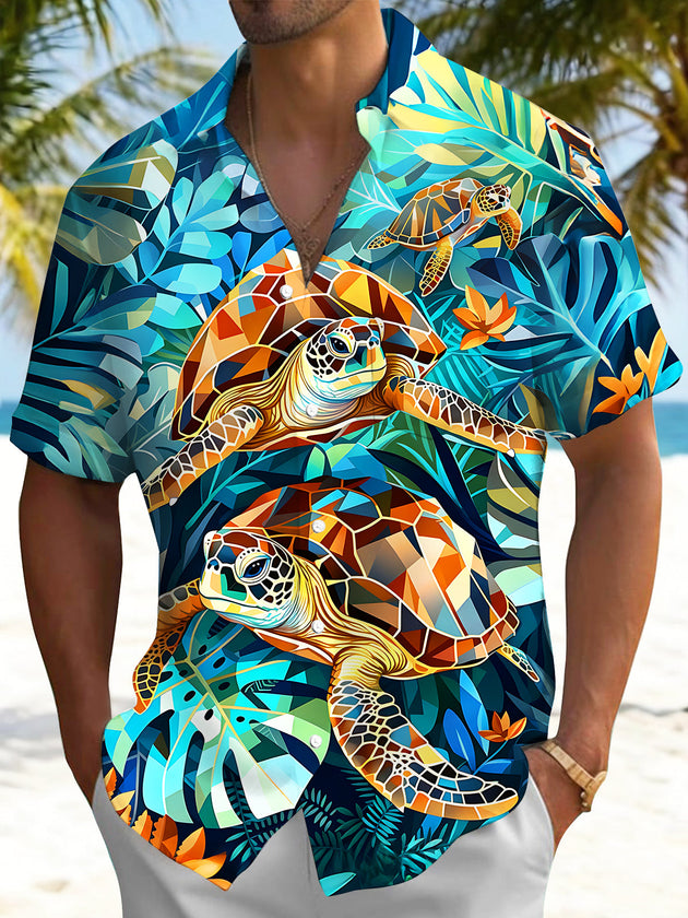Adaychic Men's Hawaiian Geometric Sea Turtle Print Short Sleeve Shirt with Chest Pocket