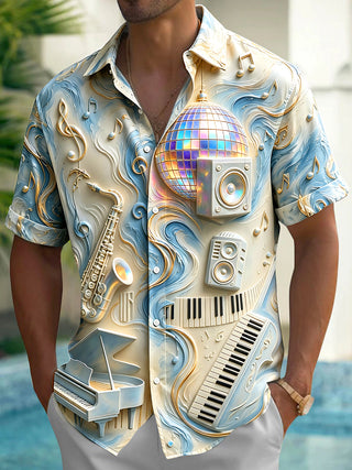 Adaychic Men's Graphic Disco Ball Print Short Sleeve Shirt with Chest Pocket